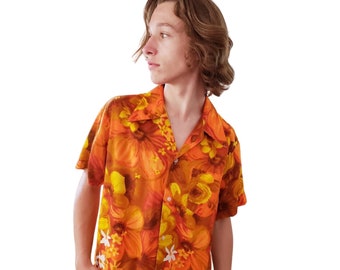 Vintage 60s Mens Hawaiian Shirt Pomare Orange Yellow Floral Print