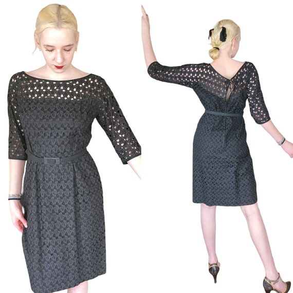 Vintage 50s Black Cocktail Dress Cut Lace Keyhole 