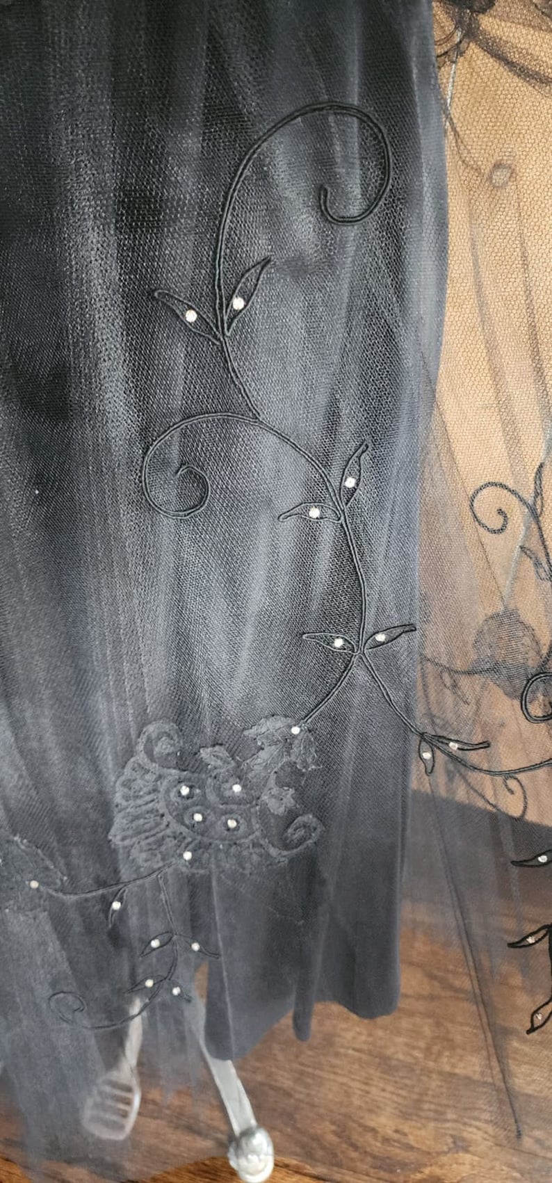 Vintage 50s Black Party Dress Tulle Lace Rhinestones M image 7