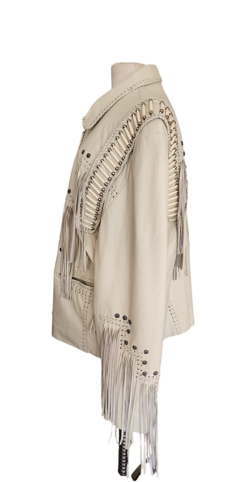 Vintage 80s White Leather Jacket SUNRIDERS Fringe, Studs & Bone Beads XXL image 5