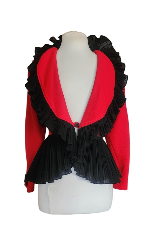Jean Muir, Vintage 1980s Jean Muir Jacket Red Black Ruffle Trim Evening Blazer