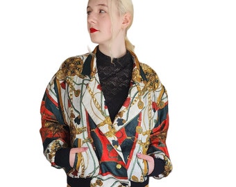 Vintage jaren '80 sjaalprintjack van De Vogue Regency Core barokke satijnen bommenwerper