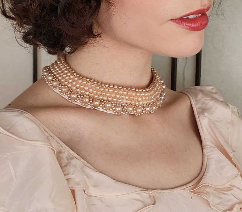 Vintage 50s Beaded Collar Necklace Choker Cream Faux Pearl image 3