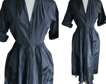 Vintage 50s Black Satin Dress Button Front Short Sleeves