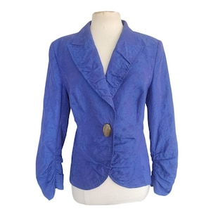Vintage Escada Blue Blazer Printed Silk w/Agate Stone Button / L