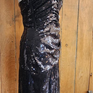Vintage 80s Tadashi Strapless Dress Black Sequins Ruched Waist image 3