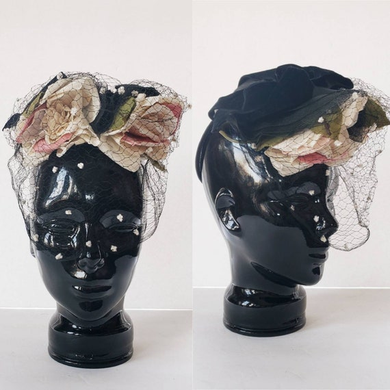 1940s Cocktail Hat Shabby Chic Roses Flowers Black Velvet Bow | Etsy
