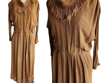 80s Brown Dress Fringed Cowl Collar Mad Max Distopia Positive Attitude