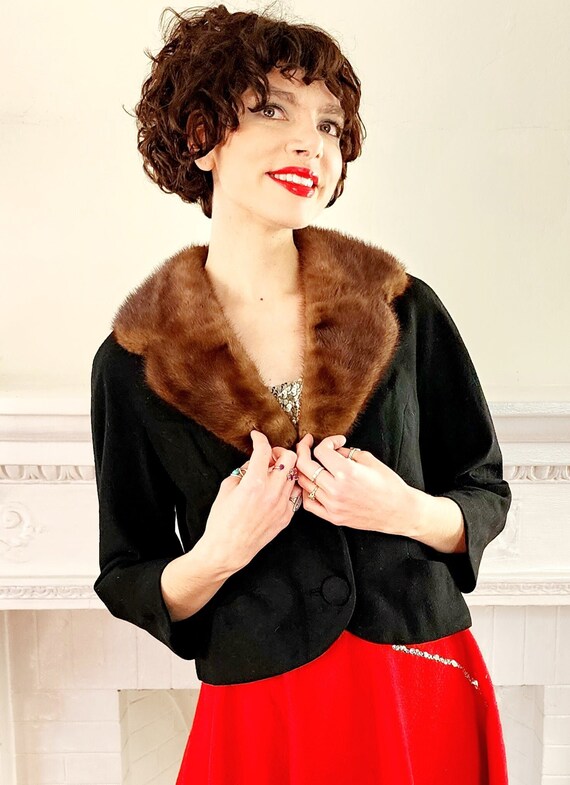 50s Black Wool Blazer W brown Mink Fur Collar Designer s Shop Chas