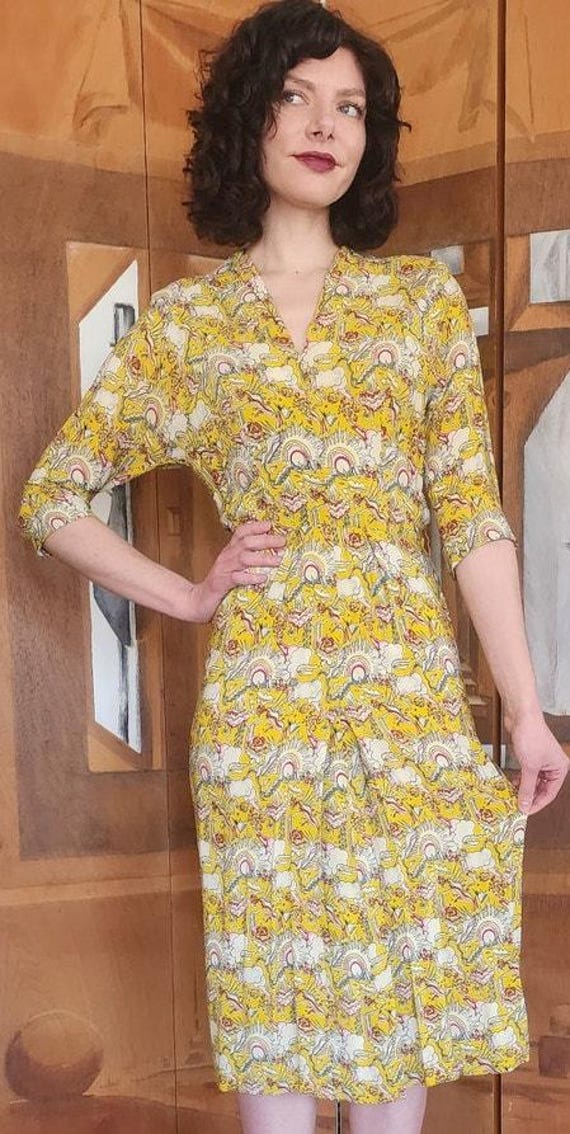 Vintage 40s Yellow Rayon Novelty Print Midi Dress… - image 2