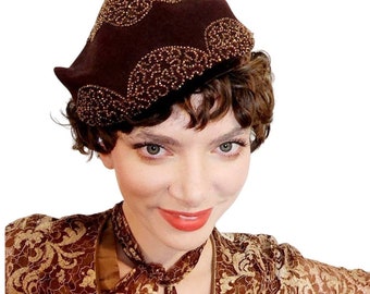 Vintage 50s Brown Felt Hat Copper Beaded Art Deco Style