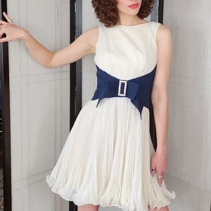 Vintage 60s Miss Elliette Party Dress Pleated Skirt Large Bow Ivory Navy Blue image 8