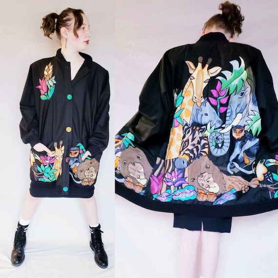 1980s Silkscapes Jacket Jungle Animals Applique /