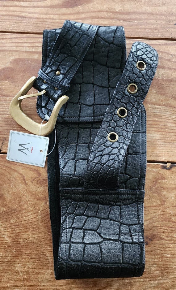 Vintage Wide Black Suede Belt Croc Embossed Chest… - image 2