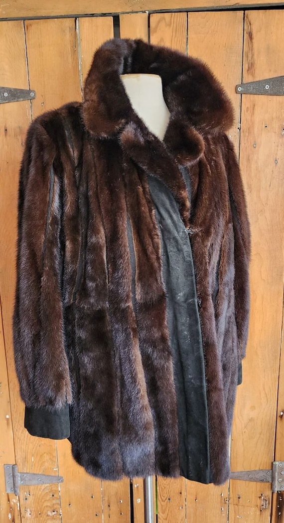 Vintage 70s Brown Mink Fur Jacket Black Suede Lac… - image 2