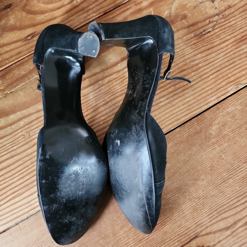Vintage jaren '50 zwarte schoenen T-bandjes hoge hakken Joyce California maat 11 afbeelding 8