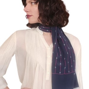 Vintage 70s Gucci Silk Scarf Navy Blue Horsebit Print Rectangular Fringed