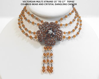Vintage Topaz Crystal Choker, Gothic Victorian Gunmetal Necklace