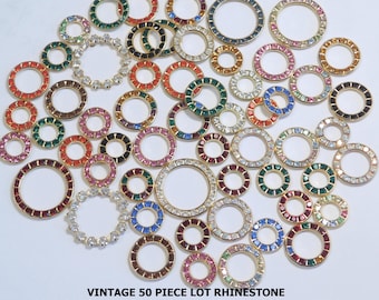 Vintage Rhinestone Donut Rings, Gold Tone, 50 pc Lot (12-21mm)