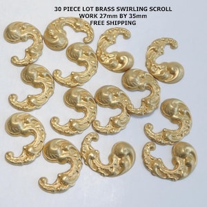 May include: A collection of thirty brass swirling scroll embellishments. Each piece measures approximately 1.06 inches by 1.38 inches. The text in the image reads: "30 PIECE LOT BRASS SWIRLING SCROLL WORK 27mm BY 35mm".