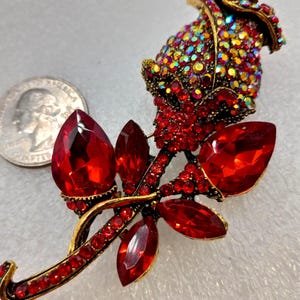 Beautiful Red Rose Vintage Pin Brooch AB Crystal Gold Tone Floral Flower Spring ( Mother&#39;s Day, Mother of the Bride )