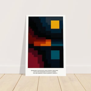 Peut inclure: Impression d'art abstrait avec un design géométrique. Il présente un carré jaune, un carré bleu sarcelle et un motif en gradins rouge et orange. Le texte en bas se lit comme suit : "QUANTIZED COLOR FIELDS AND STEPPED CONTOURS SETTLE INTO MEASURED INTERVALS WHERE TEXTURE EMERGES FROM DELIBERATE SPARSITY."