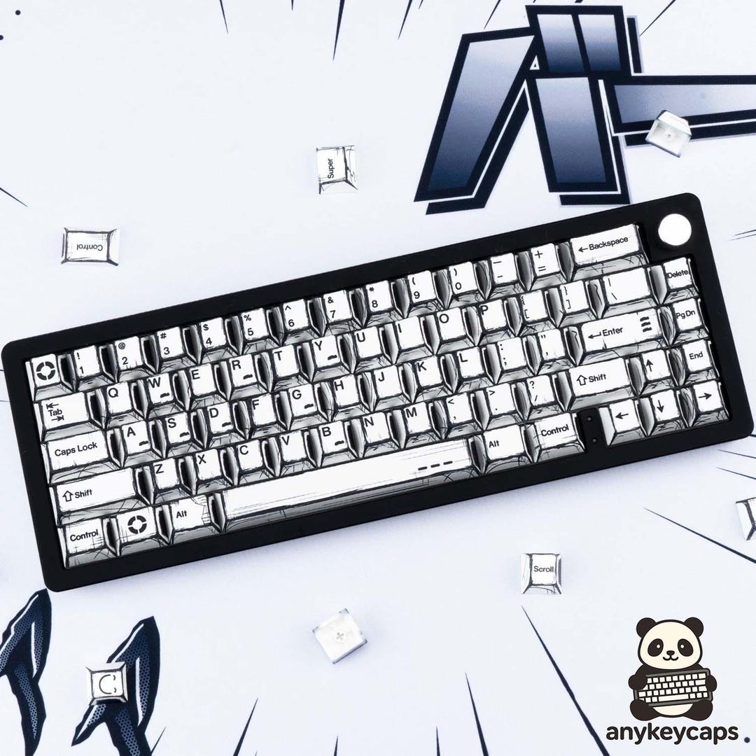 White Comic Style Keycap Set – 136 Key PBT Keycaps, Black Line Art for ...