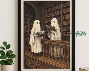 Ghost Library Wall Art | Spooky Halloween Printable | Haunted Ghost Reading Digital Download | Gothic Home Decor