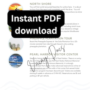 May include: A travel guide titled "Around Oahu" with information on North Shore beaches, Pineapple Plantation Tour, and Pearl Harbor Visitor Center. Includes the text "Instant PDF download".
