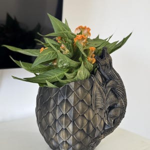 May include: A bronze-effect dragon-themed plant pot with a scaled pattern. The pot is filled with green leaves and orange flowers. A detailed dragon figure is sculpted on the side, adding a fantasy element to the decor.
