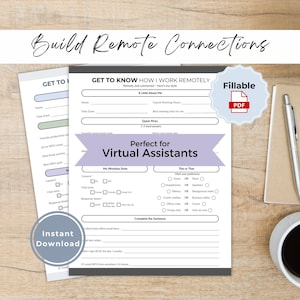 May include: Two printable PDF worksheets for virtual assistants. The worksheets have fillable sections for personal preferences and work style. The text includes "Build Remote Connections", "Get to Know How I Work Remotely", and "Instant Download".