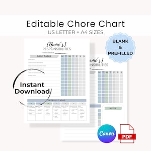 Lista de verificación de limpieza, tabla de tareas editable, plantilla imprimible de planificador de rutina semanal en PDF, organizador minimalista para el hogar azul-verde, tamaño carta A4.