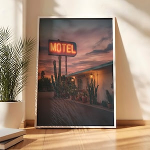 Neon Motel Sign Wall Art Print, Retro Sunset Desert Landscape with Cactus, Vintage Americana Road Trip Decor