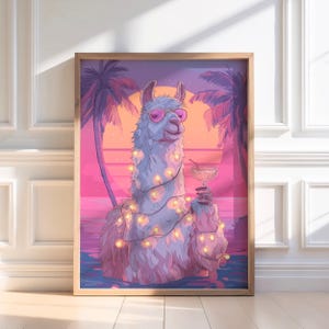 Cool Llama Wall Art Printable – Retro Sunset Tropical Decor with Fairy Lights & Cocktail Vibes, Funny Summer Animal Print