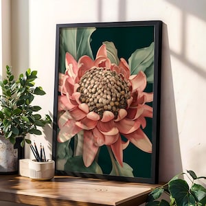 Spiral Bloom Wall Art Print – Dusty Peach Flower with Detailed Center on Dark Background, Contemporary Botanical Printable Home Decor