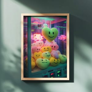 Smiley Face Plush Toys in Claw Machine – Kawaii Emoji Pixel Hearts, Preppy Y2K Vibes, Arcade Wall Art Printable