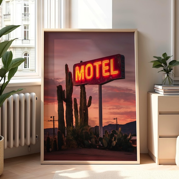 Neon Motel Sign Wall Art Print – Desert Cactus Sunset Photography, Retro Americana Road Trip Decor, Vintage Travel Vibes