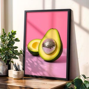 Disco Ball Avocado Poster Funky Preppy Wall Art, Retro Aesthetic Neon Vibes Room Decor for Cool Interiors and Bold Style Lovers