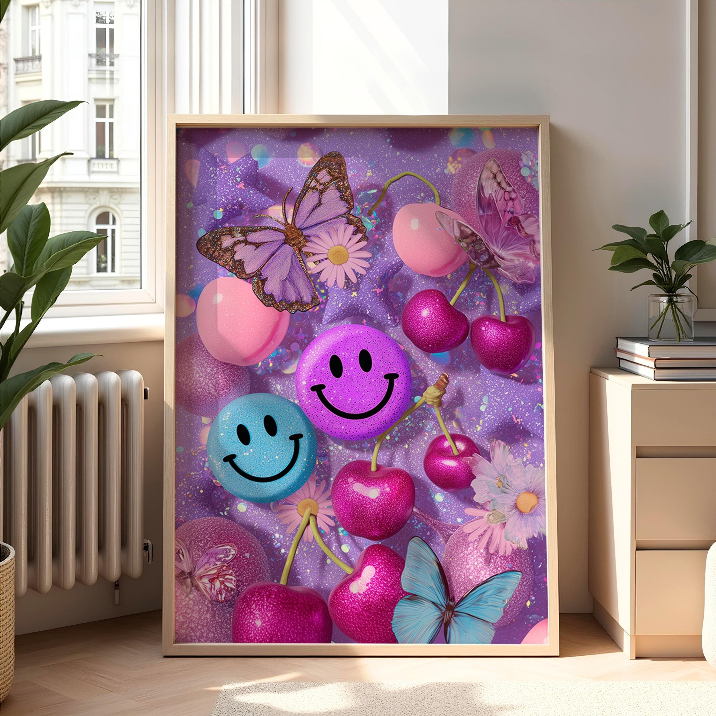 Y2K Preppy Glitter Wall Art Printable – Funky Cherries, Smiley Faces, Butterflies & Daisies in Purple Aesthetic