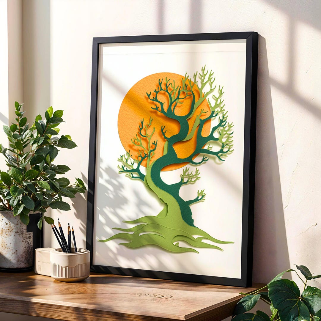 Abstract Curvy Tree Wall Art Printable, Minimalist Sun and Tree Digital ...