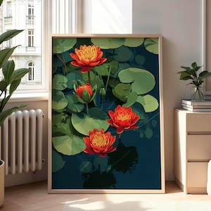 Water Lily Bloom with Circular Leaves Wall Art Print, Red Lotus Flowers on Dark Water with Green Lily Pads, Aquatic Botanical Printable Art