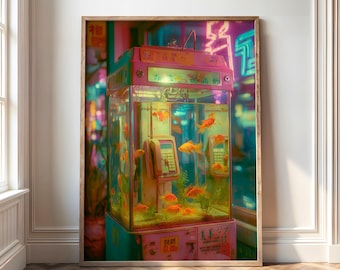 Arte de parede para impressão de telefone público com peixinho dourado – Estética de aquário em tons pastel neon, decoração Vaporwave Preppy