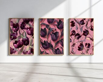 Dark Tulip Wall Art Set Printable – Moody Floral Prints on Soft Pink Background, Botanical Wall Print Set