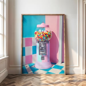 Gumball Machine Wall Art Printable – Colorful Candy Decor in Pink & Aqua | Preppy 90s Nostalgia Pop Art Poster