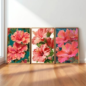 Pink Hibiscus Wall Art Set – 3 Printable Botanical Flower Prints for Home Decor, Tropical Coral Wall Prints