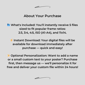 Pode incluir: Gr&aacute;fico cinza claro com o texto "Sobre a sua compra". O texto descreve os arquivos digitais inclu&iacute;dos, a disponibilidade de download instant&acirc;neo e a personaliza&ccedil;&atilde;o opcional para p&ocirc;steres. As propor&ccedil;&otilde;es de moldura incluem 2:3, 3:4, 4:5, ISO (A1-A4) e 11x14.