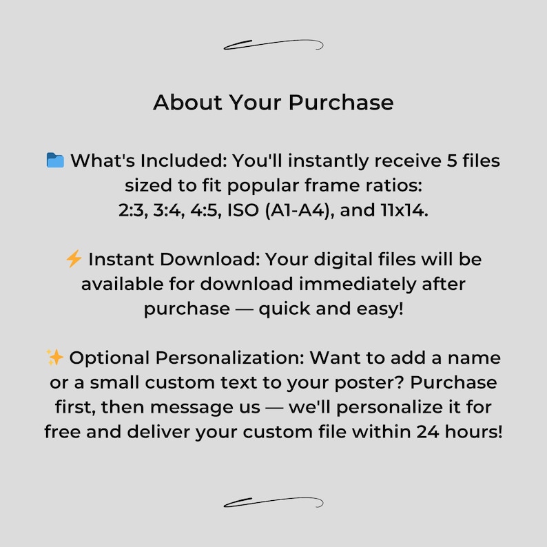 Pode incluir: Gr&aacute;fico cinza claro com o texto "Sobre a sua compra". O texto descreve os arquivos digitais inclu&iacute;dos, a disponibilidade de download instant&acirc;neo e a personaliza&ccedil;&atilde;o opcional para p&ocirc;steres. As propor&ccedil;&otilde;es de moldura incluem 2:3, 3:4, 4:5, ISO (A1-A4) e 11x14.
