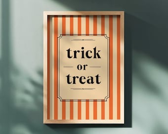 Arte de parede "Travessuras ou Gostosuras" para imprimir no Halloween – Decoração de outono vintage retrô listrada em laranja para decoração de casa em épocas assustadoras