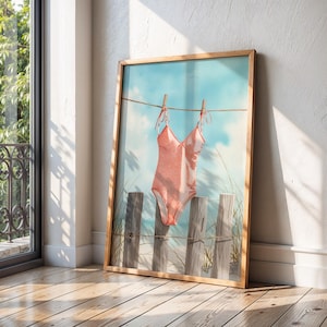 Coastal Swimsuit Wall Art Printable – Pink One Piece on Fence, Beach Sky & Dunes Watercolor Art, Summer Coastal Decor
