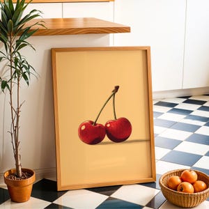 Cherry Wall Art Print, Ripe Red Fruit Kitchen Decor, Vintage Minimalist Cherry Illustration Printable, Retro Botanical Fruit Poster